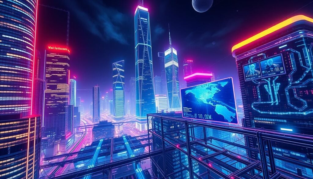 A futuristic cityscape with gleaming skyscrapers and intricate network of interconnected cables, symbolizing the advanced IPTV infrastructure. In the foreground, a digital display showcases a seamless video stream, highlighting the technology's capabilities. The lighting is a vibrant mix of neon hues, casting an ethereal glow over the scene. The camera angle is elevated, providing a bird's-eye view that emphasizes the scale and complexity of the IPTV revolution. The overall atmosphere conveys a sense of innovation, connectivity, and the transformative power of this emerging technology.