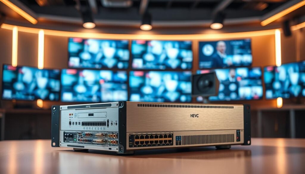 A precision-engineered HEVC encoder stands prominently in a sleek, modern media production studio. Warm task lighting casts a soft glow on its brushed metal chassis, highlighting the intricate array of ports and control interfaces. In the background, a bank of high-resolution video monitors display a live feed, showcasing the encoder's real-time processing capabilities. The scene conveys a sense of technological sophistication and efficiency, hinting at the powerful video transformation happening under the hood. This image would aptly illustrate the technical heart of an IPTV encoder, central to the "How IPTV Encoders Transform Video Content" section of the article.