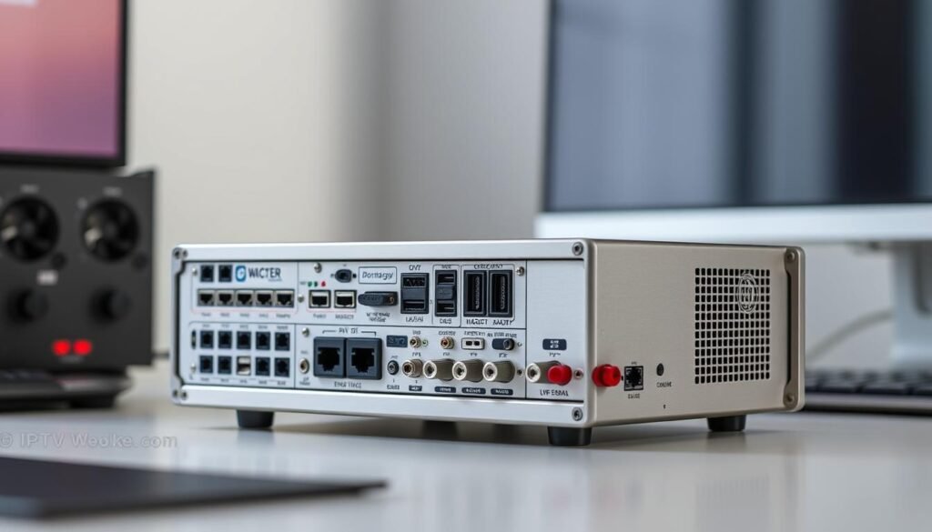 A sleek, professional-grade live streaming encoder sits prominently on a modern desktop, its metallic exterior gleaming under soft, directional lighting. The device's array of ports, knobs, and indicators suggest advanced video and audio processing capabilities, hinting at its crucial role in delivering high-quality, low-latency live content to audiences worldwide. The encoder is framed by a minimalist, workspace-like environment, emphasizing its function as an essential tool for reliable, efficient IPTV streaming.